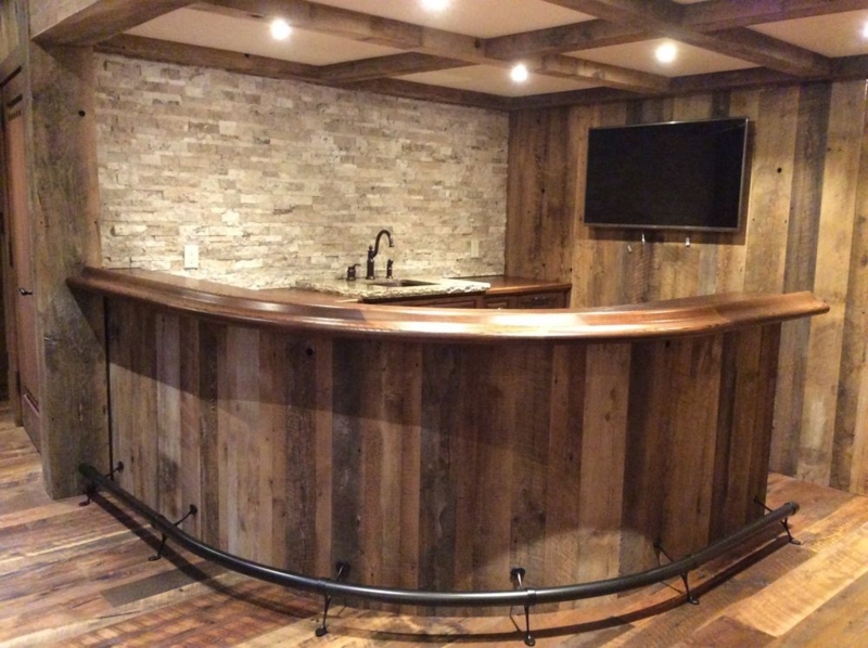 Custom Curved Rustic Wooden Home Bar Design