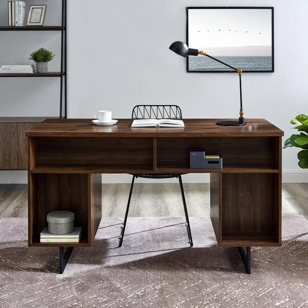 Dark Walnut Wood Desk with Metal Frame and Storage
