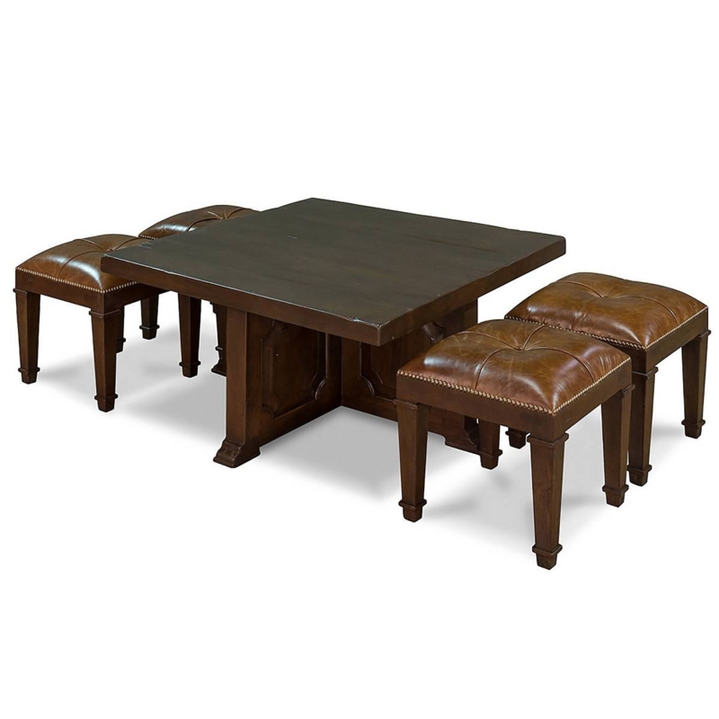 Dark Wood Coffee Table with Leather Nesting Stools