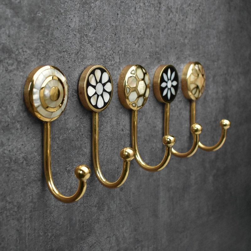 Decorative Brass Wall Hooks with Mother of Pearl Inlay