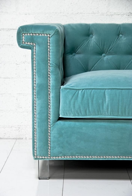 Elegant Aqua Velvet Sofa with Nailhead Trim