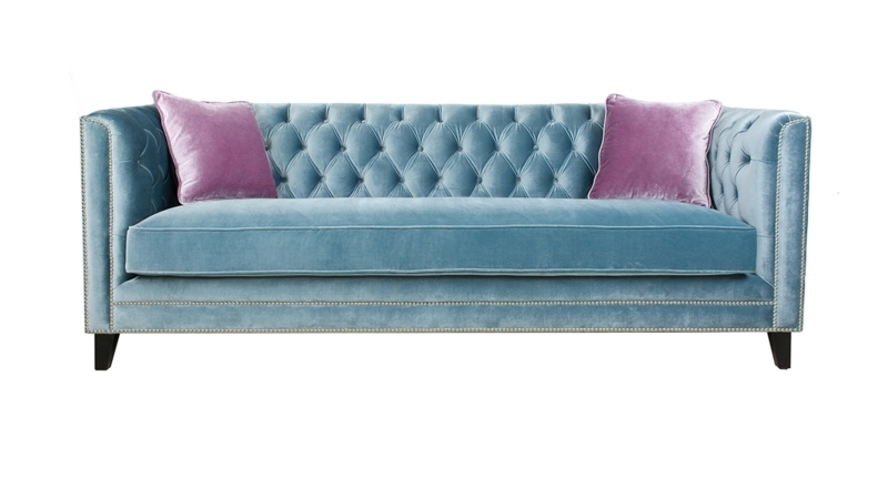 Elegant Aqua Velvet Sofa with Purple Accents
