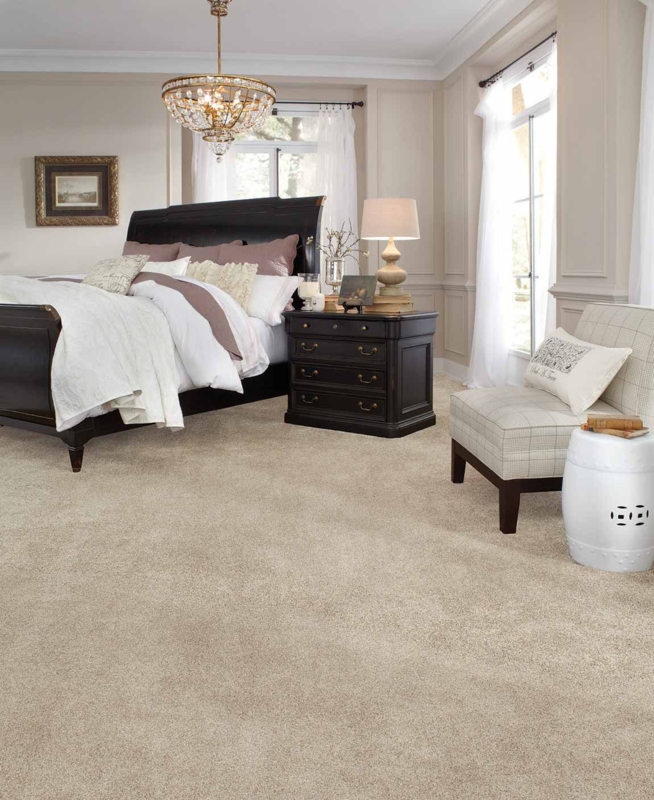 Elegant Bedroom with Plush Beige Carpet Flooring