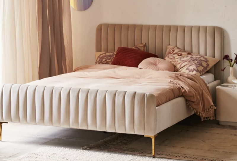 Elegant Beige Velvet Bed Frame with Gold Legs