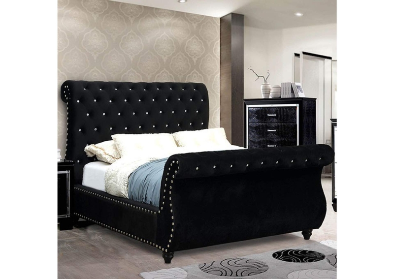 Elegant Black Queen Sleigh Bed with Tufted Headboard