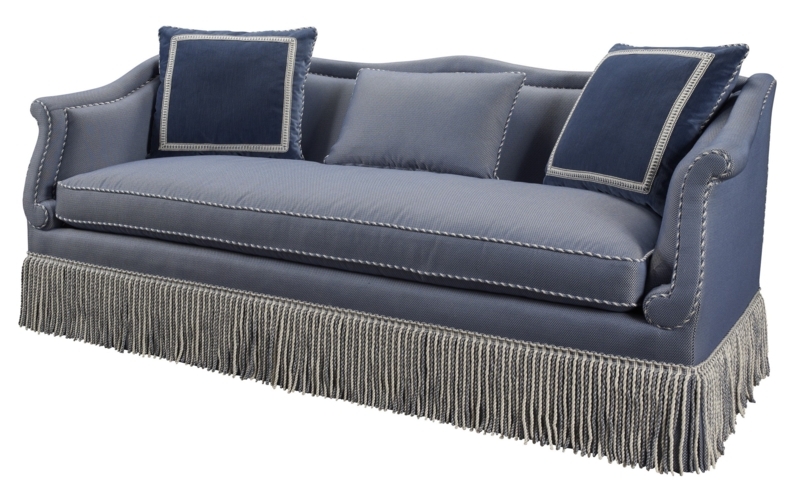 Elegant Blue Bullion Fringe Sofa with Cushions