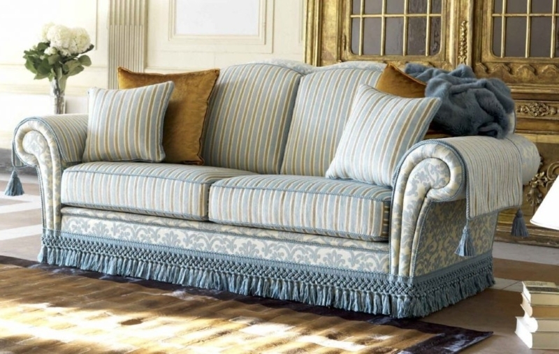 Elegant Blue Striped Country Cottage Sofa