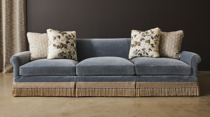 Elegant Blue Velvet Sofa with Bullion Fringe Detail