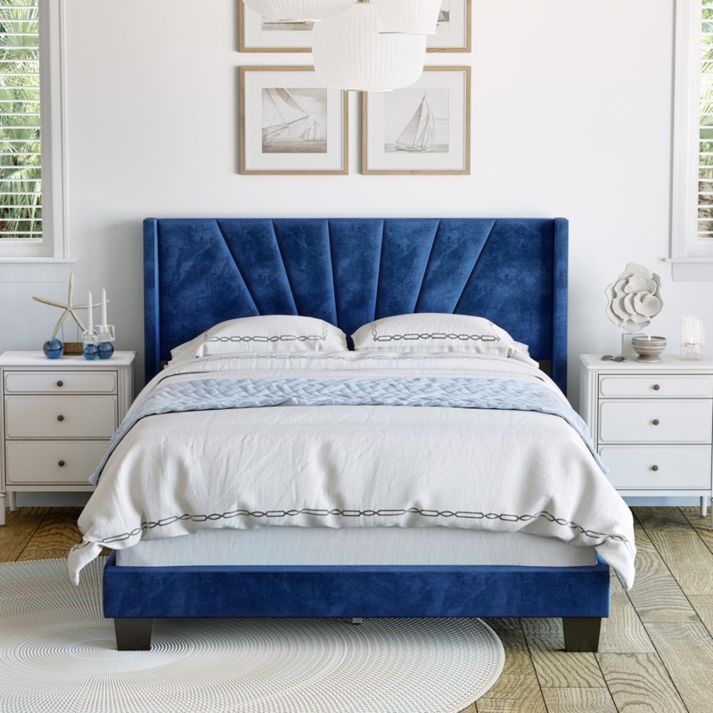 Elegant Blue Velvet Upholstered King Platform Bed