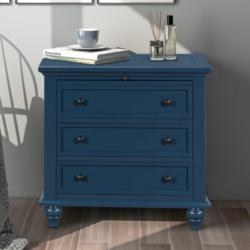 Elegant Blue Wood 3-Drawer Nightstand