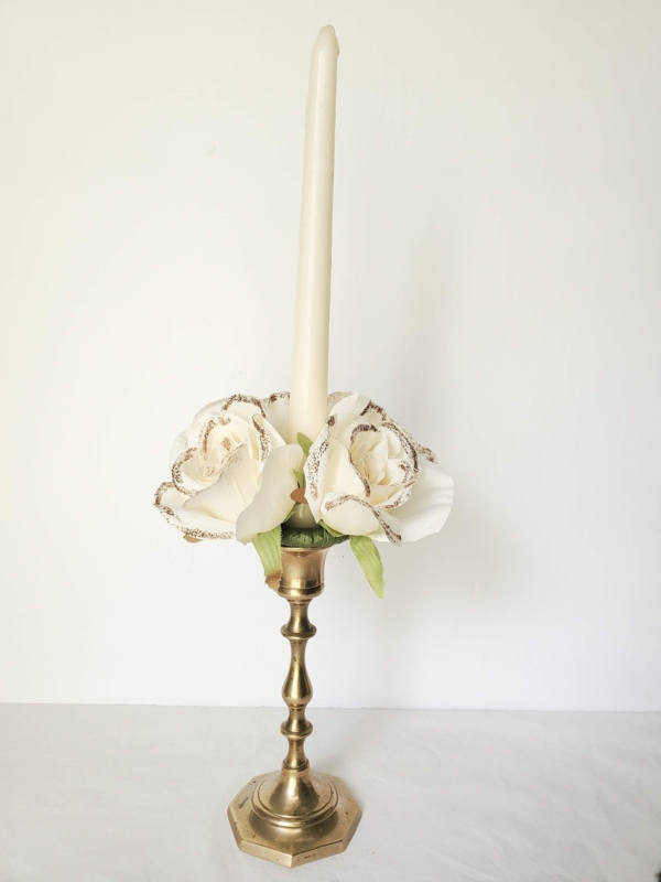 Elegant Cream Rose Candle Ring with Brass Holder
