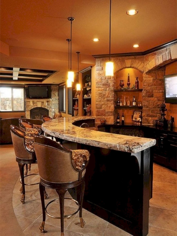 Elegant Curved Marble Home Bar with Pendant Lighting