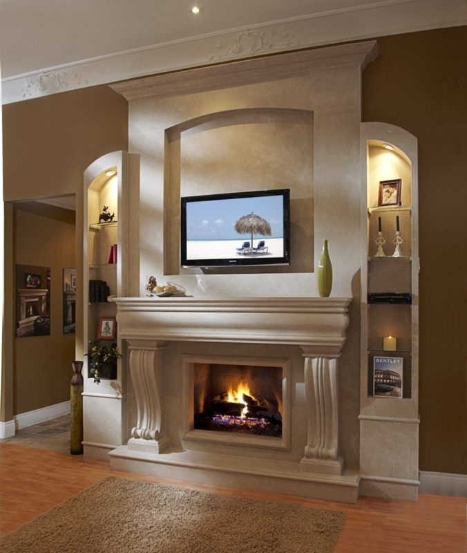 Elegant Custom Stone Fireplace Mantel with Built-In Shelves