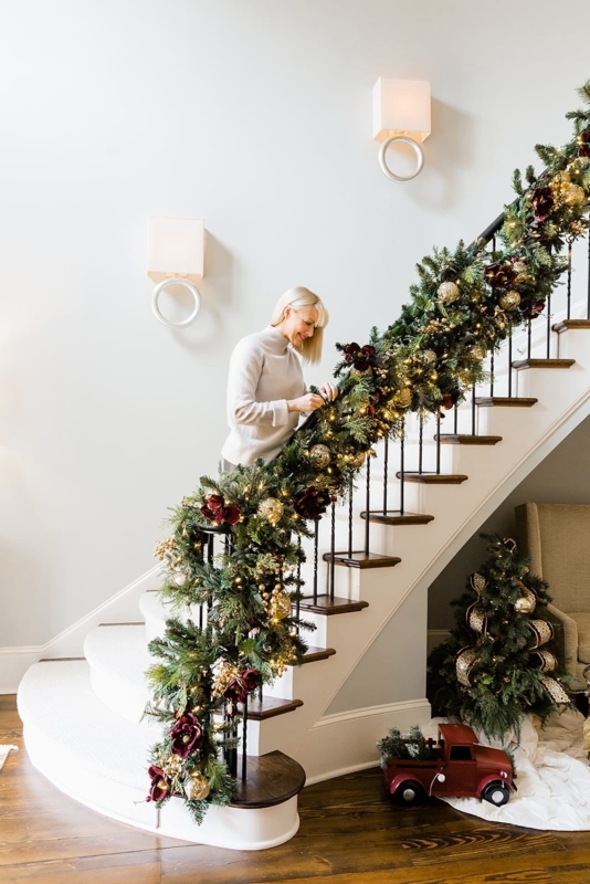 Elegant Double Christmas Garland on Staircase Banister