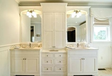 Elegant Double Vanity Bathroom with Central Storage Tower