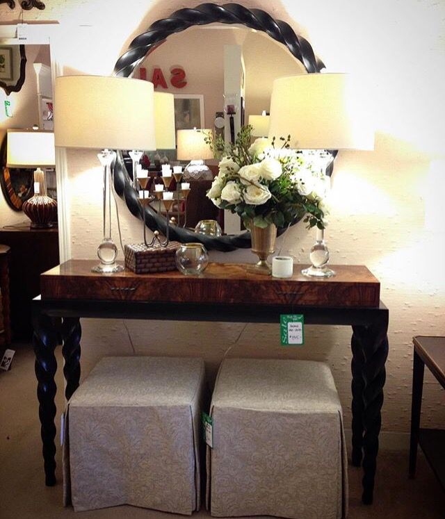 Elegant Entryway with Twisted Console and Soft Ottomans