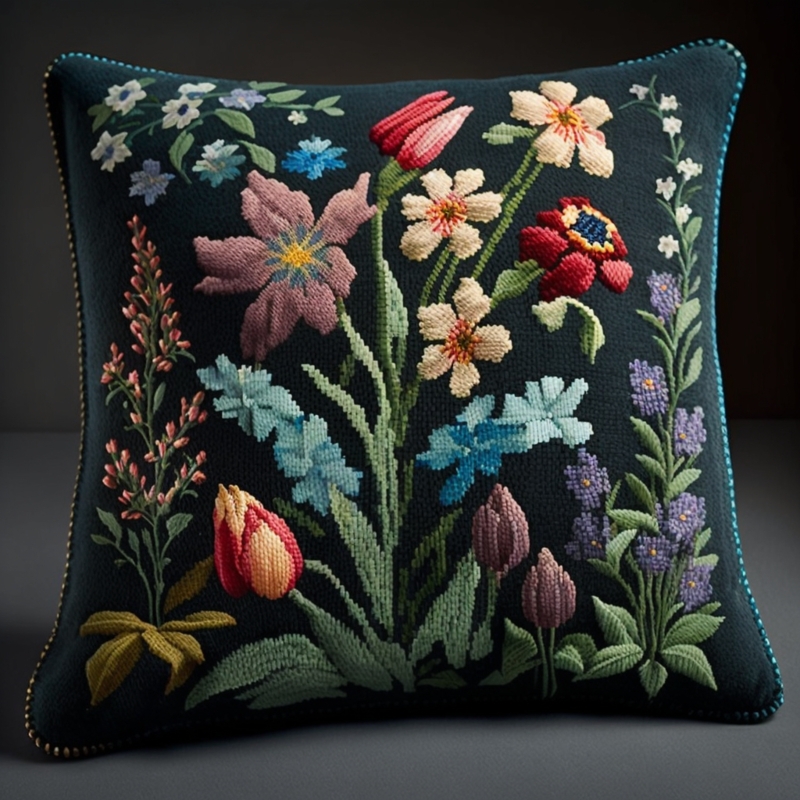 Elegant Floral Needlepoint Throw Pillow Design
