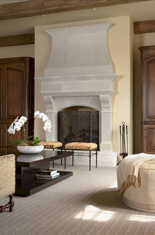 Elegant French Country Living Room with Stone Fireplace