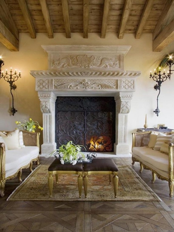 Elegant French Country Stone Fireplace Design