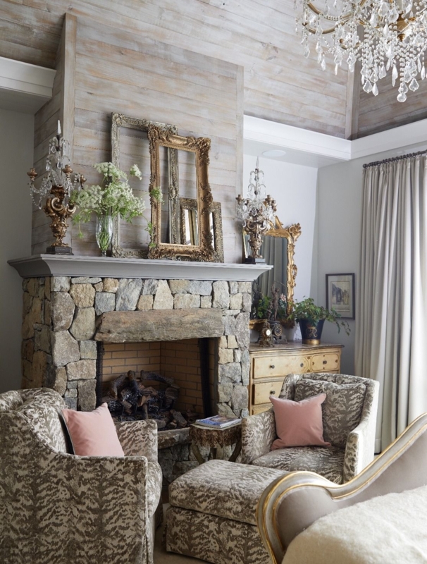 Elegant French Country Stone Fireplace Living Room