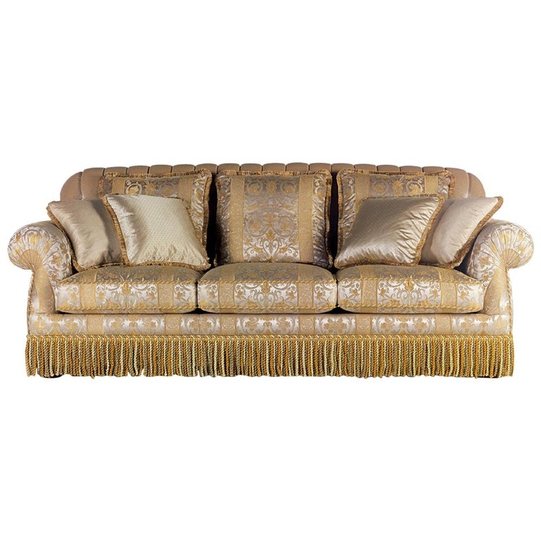 Elegant Gold Fringe Bottom Sofa with Cushions