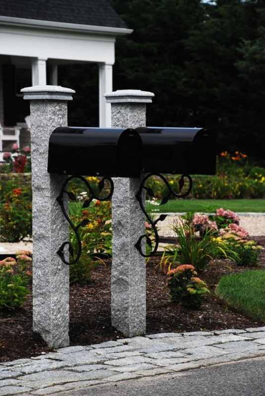 Elegant Granite Mailbox Posts with Black Iron Mailboxes
