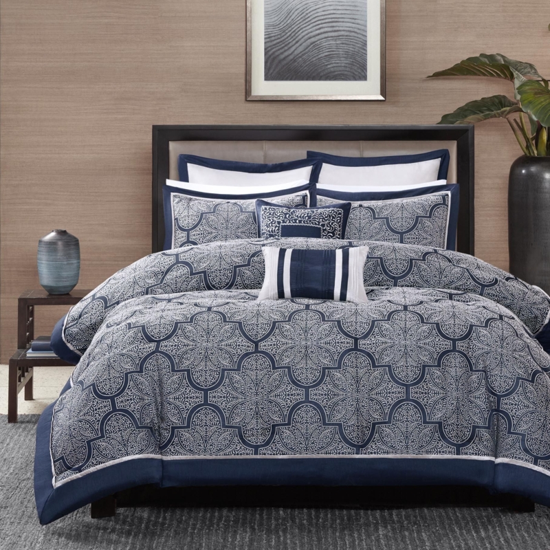 Elegant Gray and Navy Patterned Comforter Set