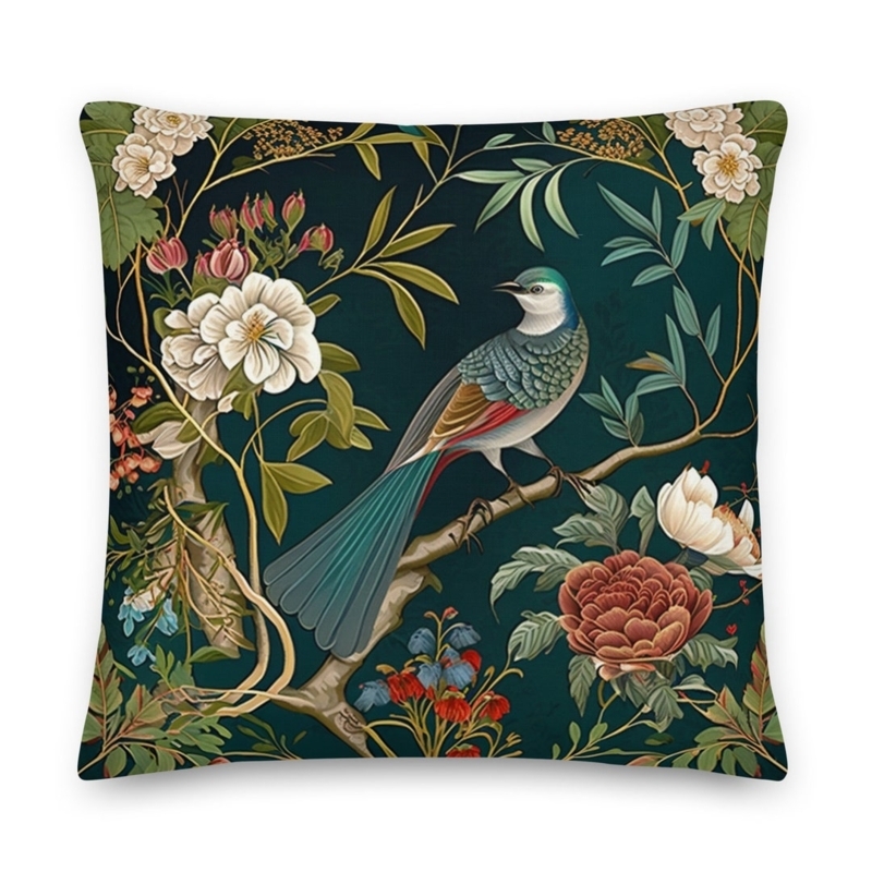 Elegant Green Chinoiserie Pillow with Bird and Floral Design