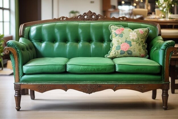 Elegant Green Vintage Sofa with Floral Accent Pillow