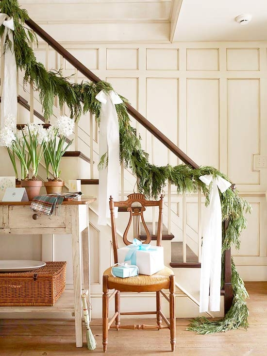 Elegant Greenery and Ribbon Christmas Banister Decor