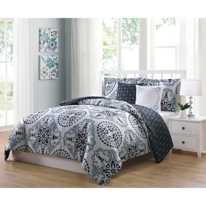 Elegant Grey and Blue Patterned Comforter Set