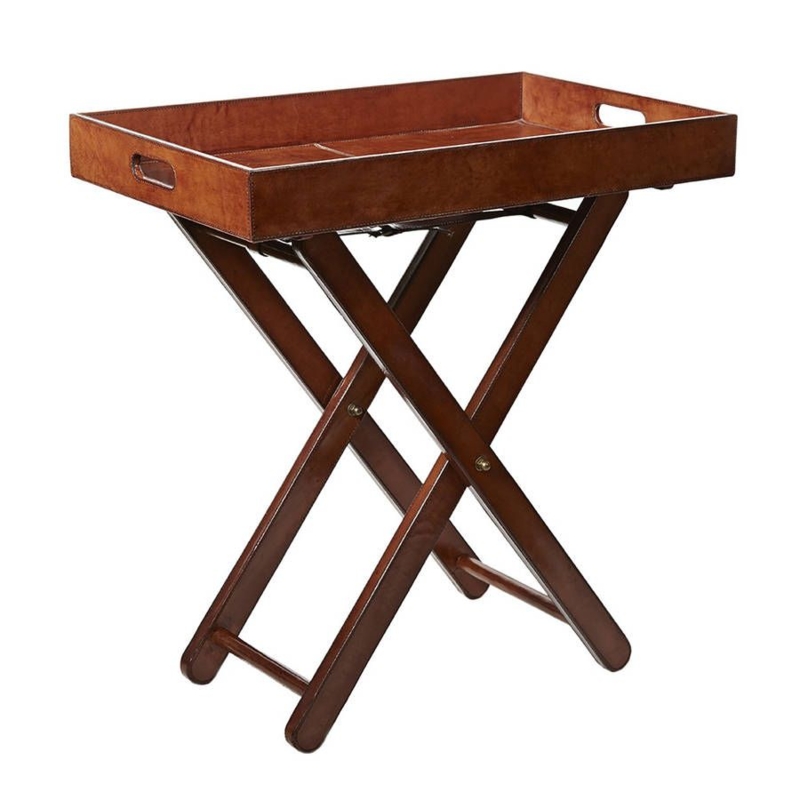 Elegant Leather Butler's Tray Table with Wooden Legs