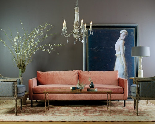 Elegant Living Room with Coral Sofa and Classic Decor