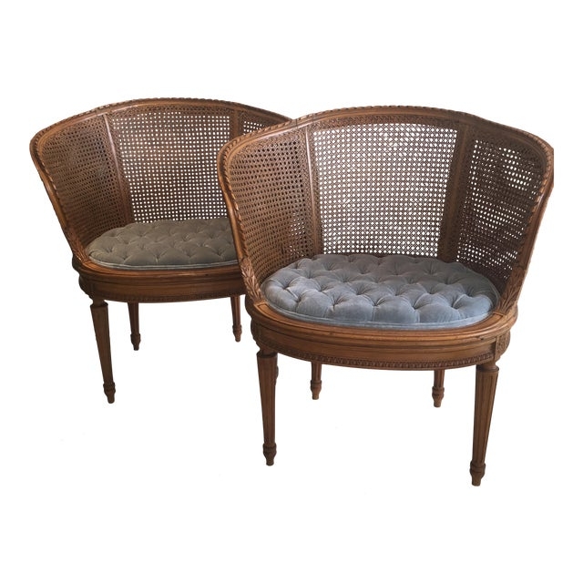 Elegant Louis XVI Style Cane Barrel Chairs Pair