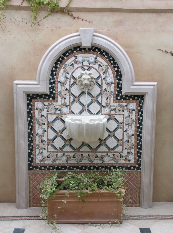 Elegant Mosaic Wall Fountain with Lion Head Design