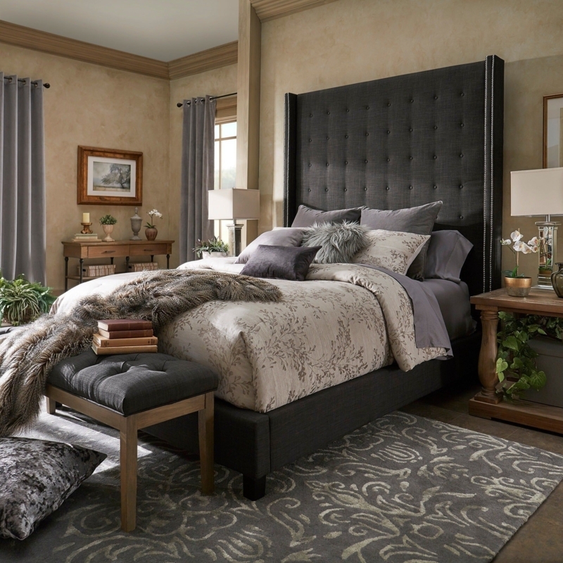 Elegant Nailhead Wingback Tufted High Headboard Bed