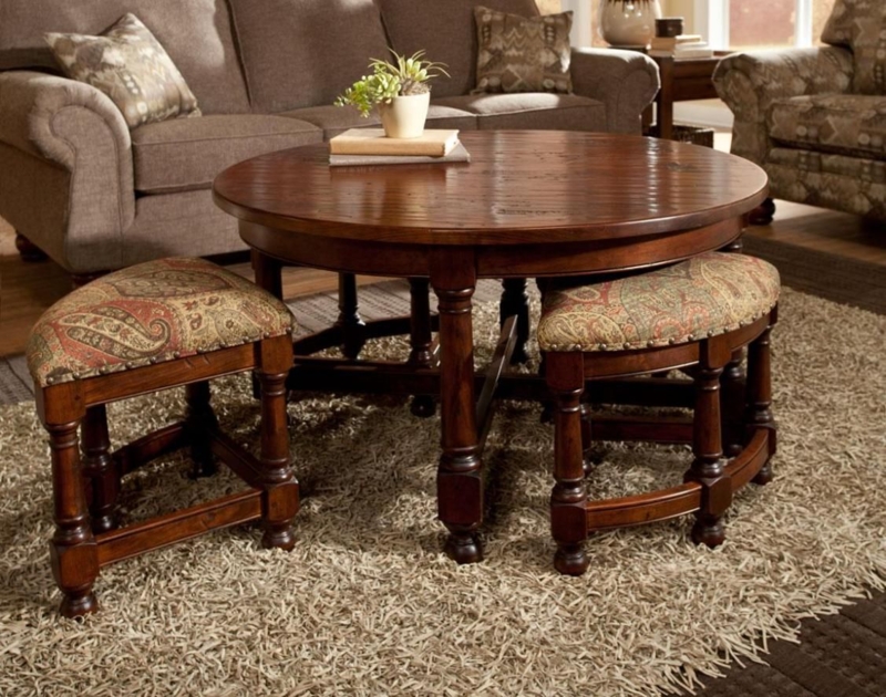 Elegant Round Wooden Coffee Table with Nesting Stools