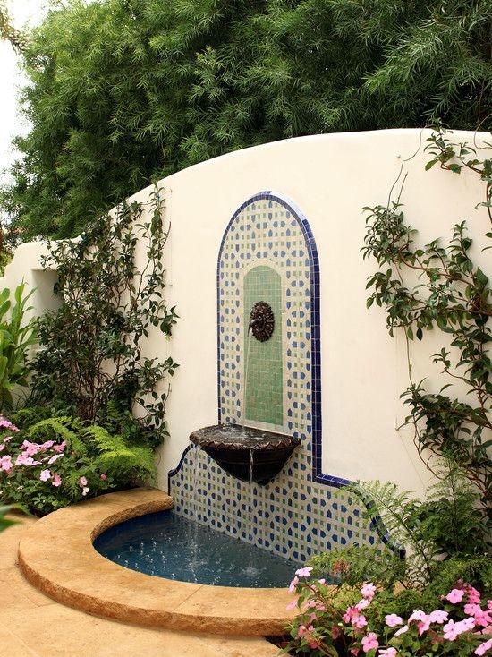 Elegant Spanish Garden Fountain with Tiled Wall