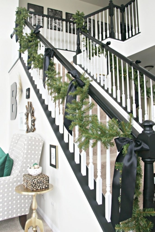 Elegant Staircase Garland with Black Ribbon Bows