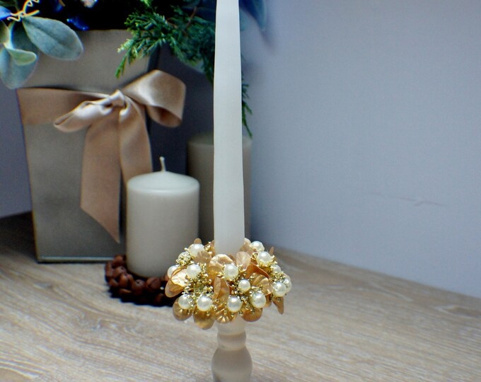 Elegant Taper Candle Ring with Gold and Pearls