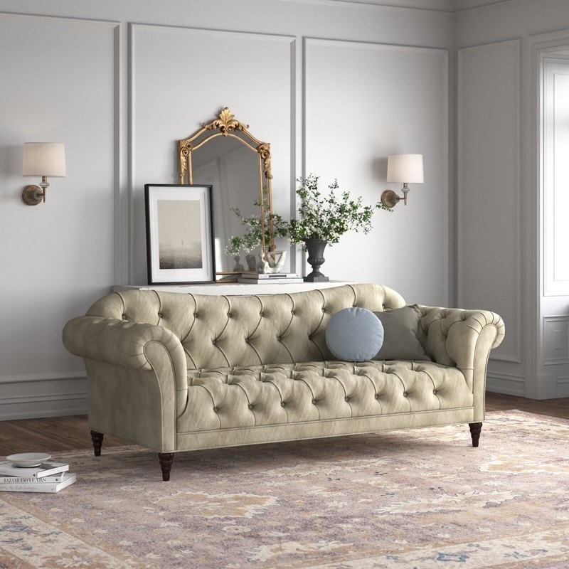 Elegant Tufted Country Cottage Sofa in Neutral Tones