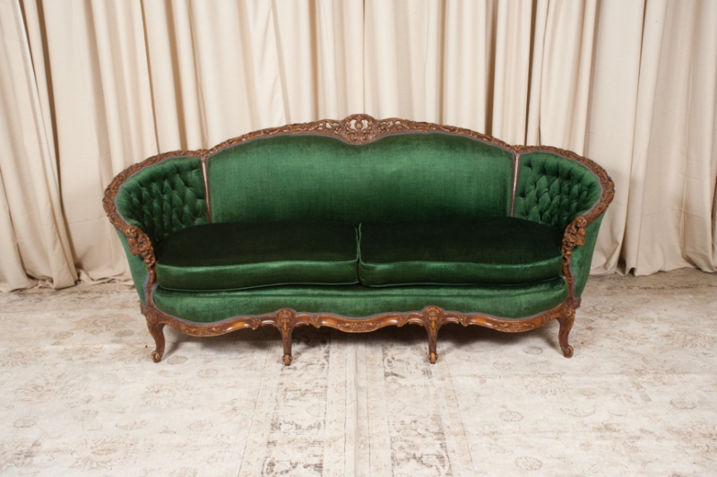 Elegant Vintage Green Velvet Sofa with Carved Wood Frame