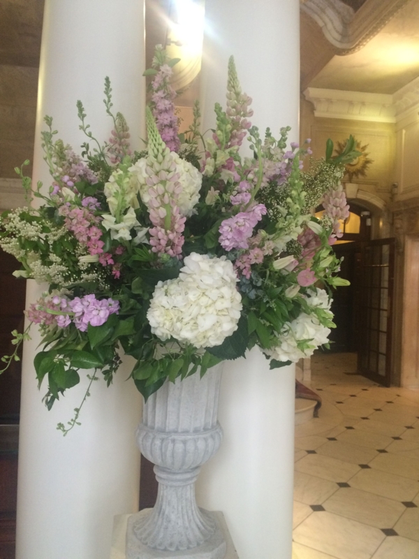 Elegant White and Pink Hydrangea Pedestal Arrangement