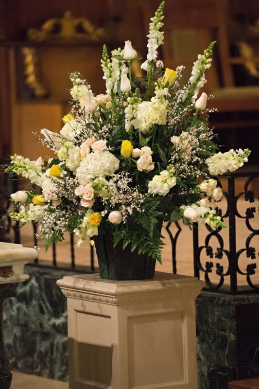Elegant White and Yellow Floral Pedestal Arrangement