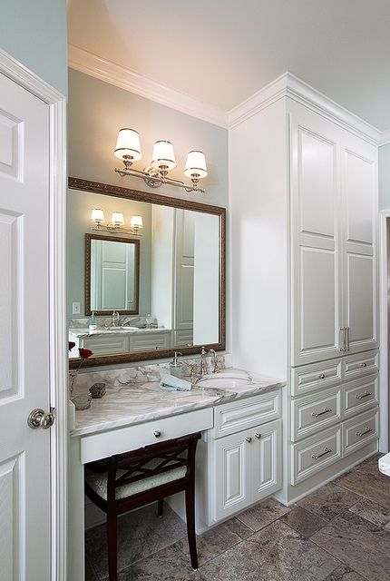 Elegant White Bathroom Vanity with Built-In Makeup Station