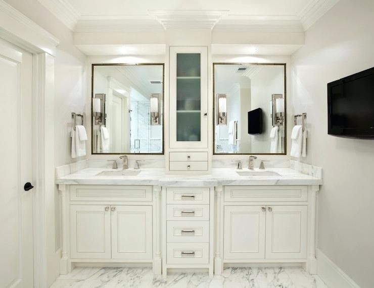 Elegant White Double Vanity with Center Storage Tower