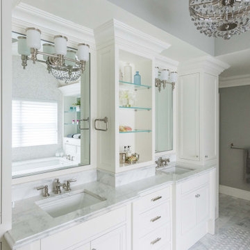 Elegant White Double Vanity with Center Storage Tower