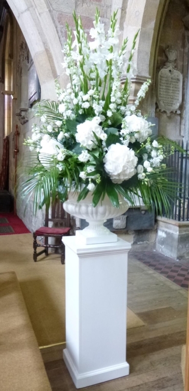 Elegant White Pedestal Floral Arrangement with Greenery