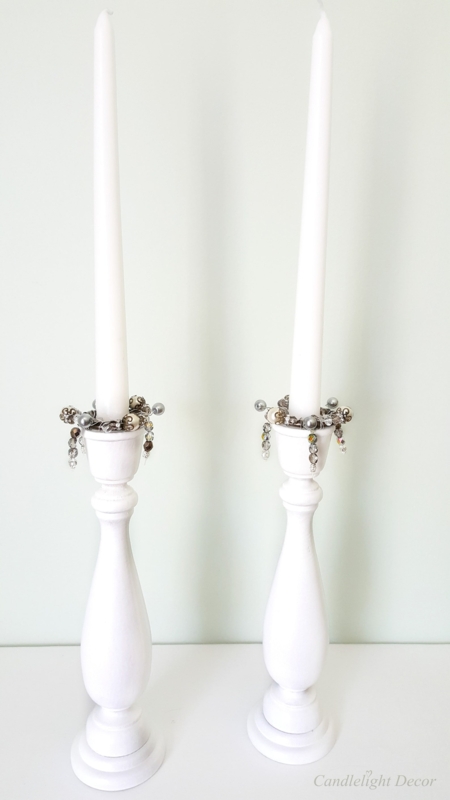 Elegant White Taper Candle Holders with Beaded Rings
