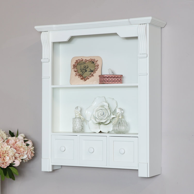 Elegant White Wooden Wall Shelves with Drawers
